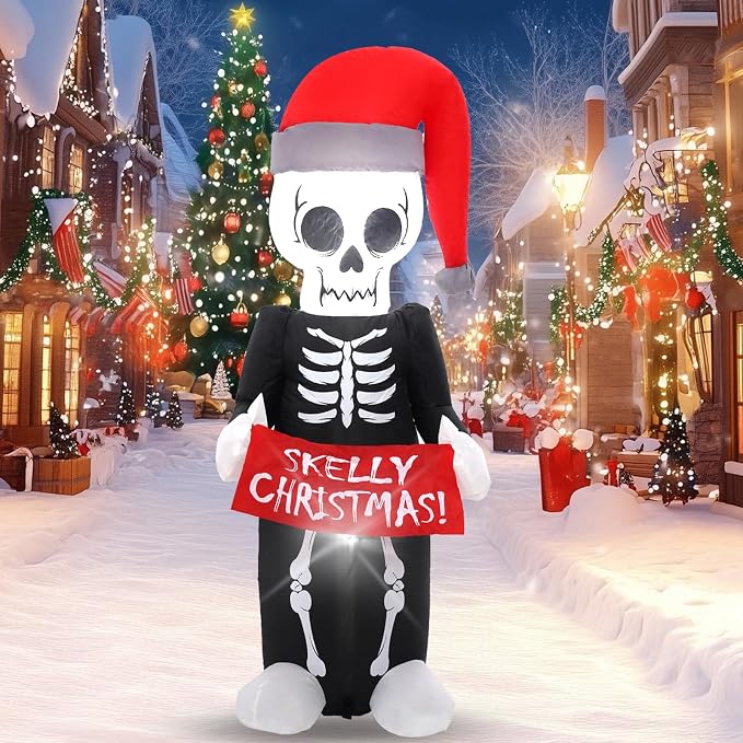 5 FT Christmas Hat Skeleton, Outdoor Inflatable Decorations with Built-in LED Lights for Gothic Style Holiday Inflatable White Christmas for lawns, Gardens, and Outdoor use - skeleton