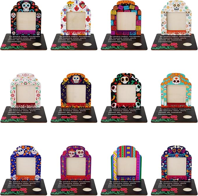AerWo 12 Set Dia De Los Muertos Altar Picture Frames, Day of the Dead Altar - skull candle