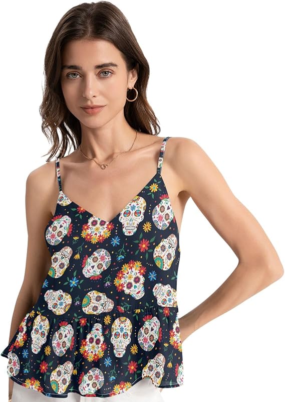 visesunny Women's Tank & Camis Sleeveless V Neck Camisole Top Ruffle Summer Floral Print Loose Fit Streetwear XS-XXL - skull tank tops