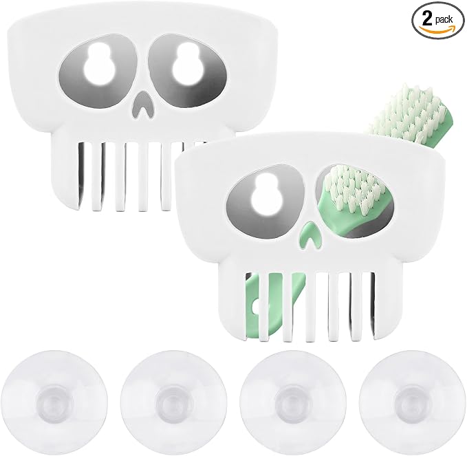 Skull Kitchen Sink Caddy, Sponge & Brush Holder with Suction Cup, Drainer Shelf for Dish Racks, Halloween-Themed Storage Box (2Pcs) (White)