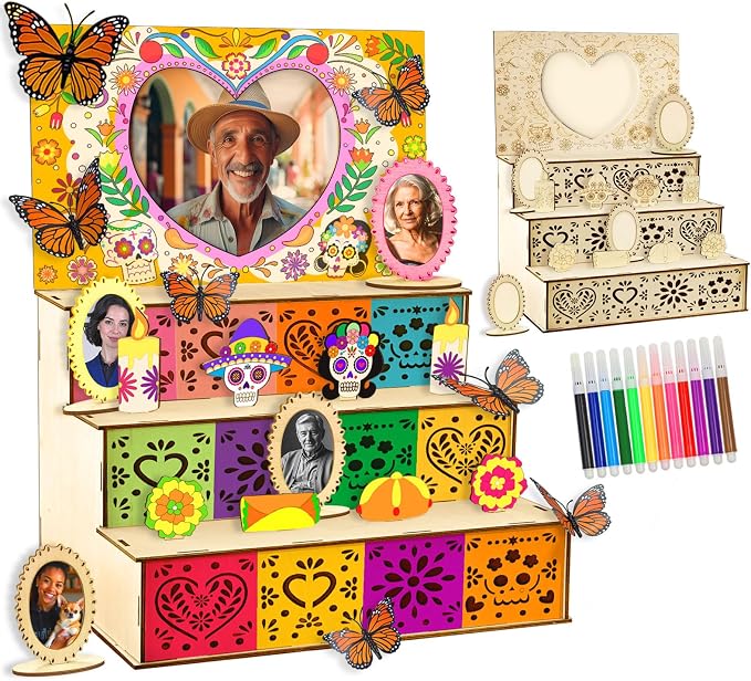 AerWo Dia De Los Muertos Altar, Wooden Heart Day of the Dead Decorations - skull figurine
