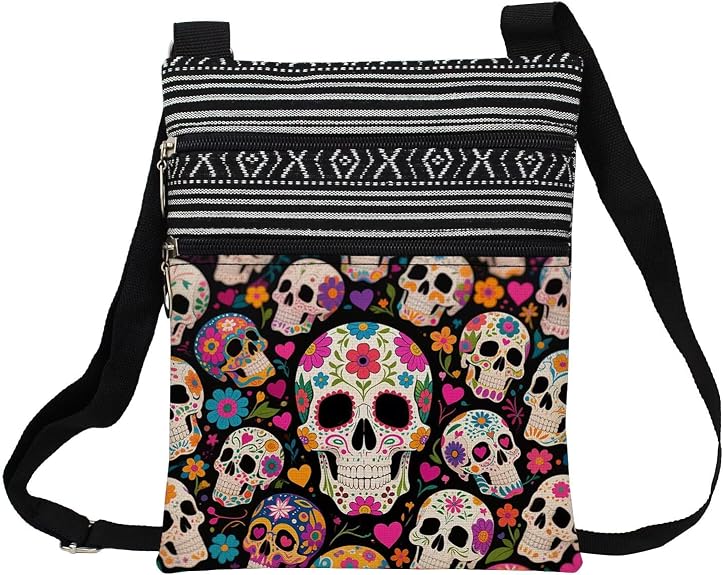 Floral Skull Printed Small Ethnic Crossbody Bag -2 - sugar skull handbags for sale