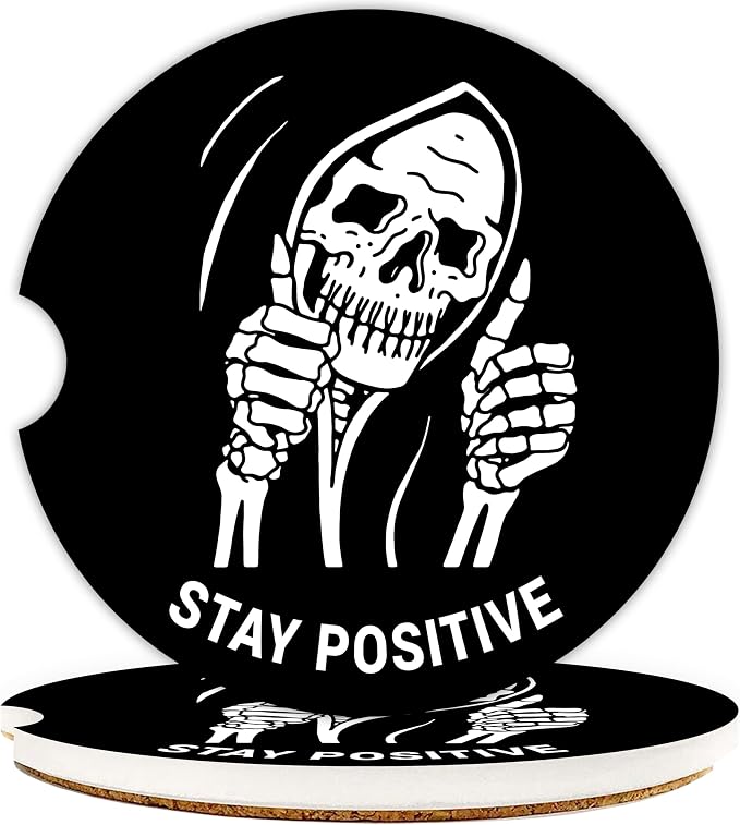 Skull Car Coasters for Cup Holders - 2 Pack Cute Skeleton Car Accessories for Women, Funny Spooky Halloween Stuff Decor, Absorbent Ceramic Cup Holder Coaster for Car to Keep Clean, Goth Horror Gift - skull coaster
