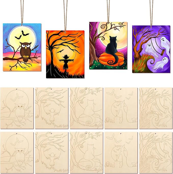 COCHIE 10PCS Large Halloween Unfinished Wood Crafts to Paint for Adults Kids, Bulk Predrilled Wooden Ornaments for Painting, Halloween Ghost Paintable Wood Slices Craft Supplies with Ropes - skull painting