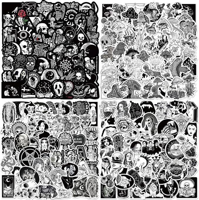 200Pcs Goth Stickers Pack, Black and White Sticker, Cool Skull Stickers for Adults Mens Teens Girls, Waterproof Vinyl Horror Decals for Water Bottle Laptop Luggage Journal Scrapbooking - skull sticker