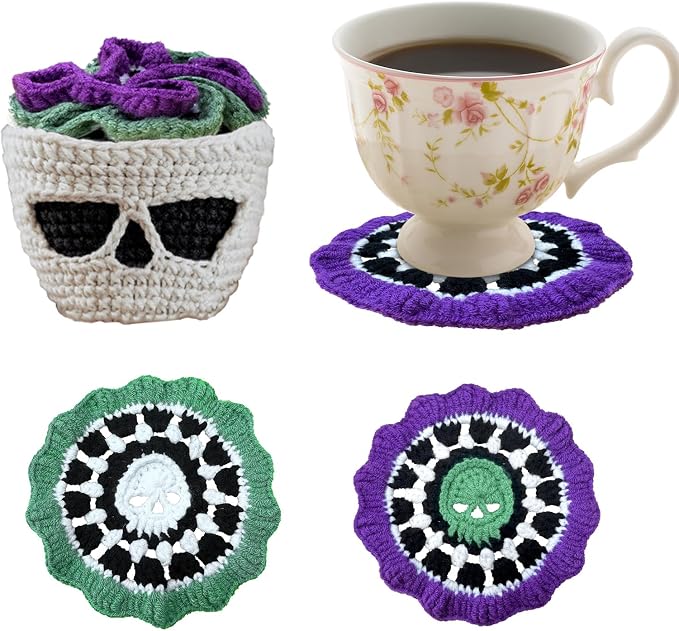 Funny Coasters for Adults,Skull Kitchen Accessories,Suitable for Beverages,Coffee,Gift for Housewarming,Funny Coaster for Home Decor Tabletop Protection Suitable for Kinds Cups,Coasters Set of 4 - skull coaster