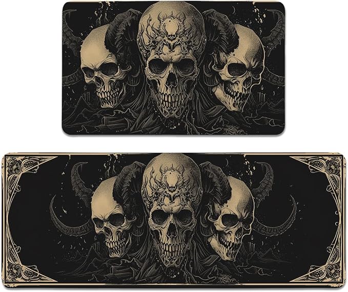 Gothic Skull Kitchen Rugs Set of 2 – Washable Non-Slip Faux Linen Floor Mats(17.7”x29.5”+17.7”x47”) – Kitchen Mats for Home Office Bedroom Bathroom Laundry (Black)