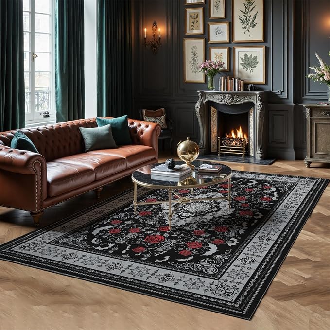 Nayoroom Dark Academia Gothic Black Area Rug, Machine Washable, 8 x 10 ft