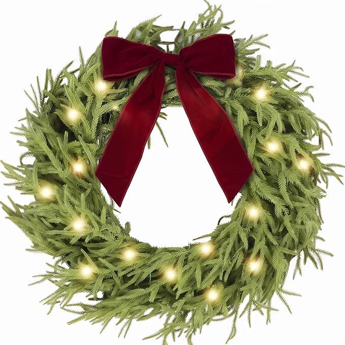 HipTree 30 Inch Lighted Real Touch Norfolk Christmas Wreath for Front Door - skull wreath