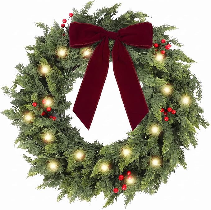 HipTree 30 Inch Lighted Real Touch Cedar Christmas Wreath for Front Door - skull wreath