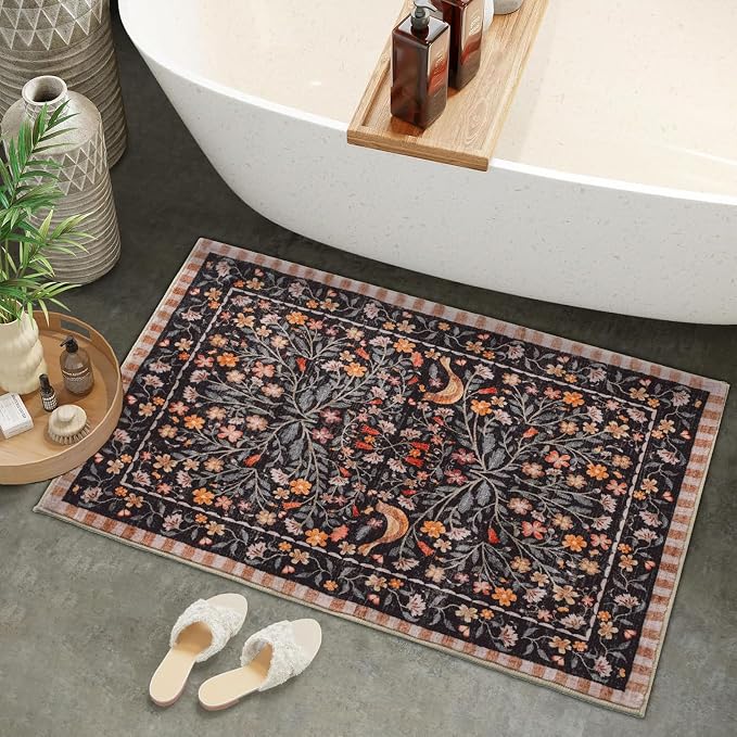 Black Bathroom Rug Funny Washable Bath Mat for Bathroom Non Slip, Print Rugs Boho Soft Shaggy Distressed Cute Bird Floral Bath Rug for Toilet Shower Sink, 18×26 inch