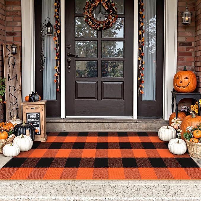 Uphome Bufflo Plaid Outdoor Rug 2’x4.3′, Fall Decor Checkered Front Door Mat, Indoor Outdoor Farmhouse Porch Rug for Layered Door Mats, Washable Halloween Black/Orange Runner for Patio Entryway