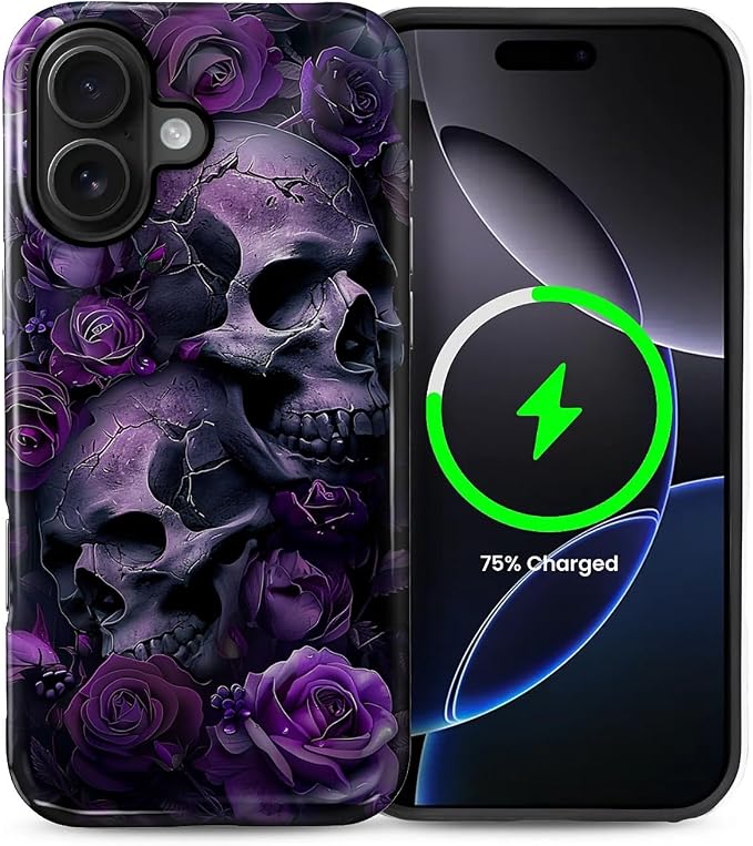 for iPhone 16 Case for MagSafe,Hard Hybrid Shell Shockproof Silicone Full Body Protective Non Slip Case for iPhone 16 Purple Skull Rose Pattern - Skull phone case