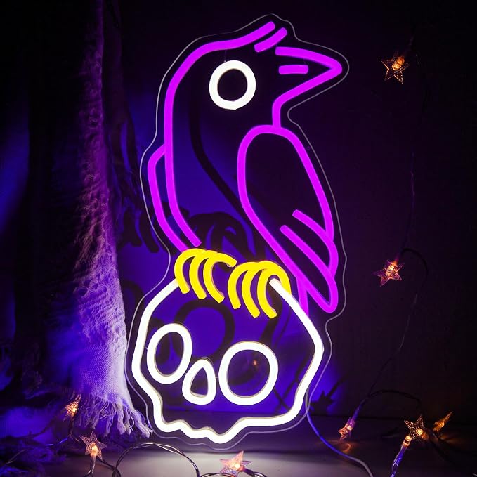 Crow Skull Neon Sign for Wall Decor Dimmable Skull Light Horror Neon Signs Skull Neon Light for Man Cave Beer Bar Game Room Party Crow Decor Gifts - skull lamp