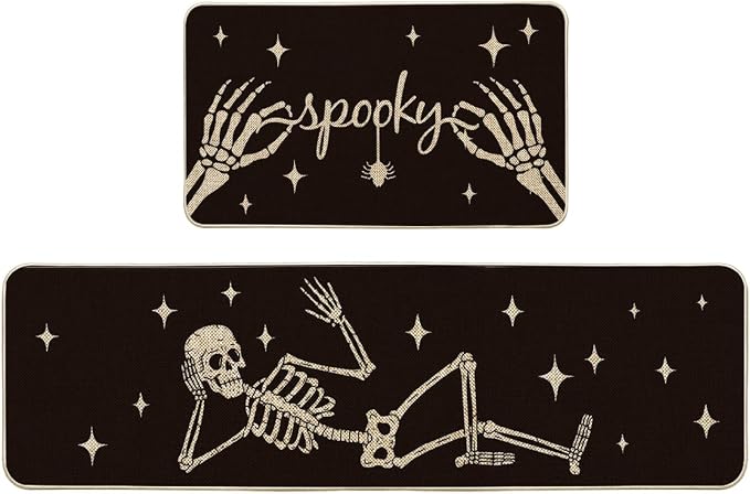 Artoid Mode Skeleton Black Halloween Kitchen Mats Set of 2-17x29+17x59 - skull floor mat