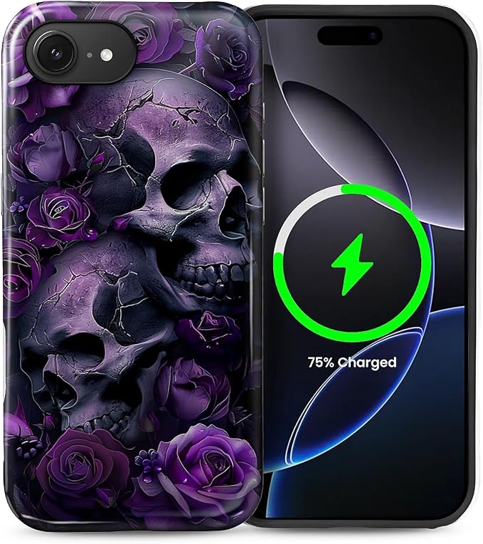 for iPhone 16e Case for MagSafe,Hard Hybrid Shell Shockproof Silicone Full Body Protective Glossy Case for iPhone 16e Purple Skull Rose Pattern - Skull phone case