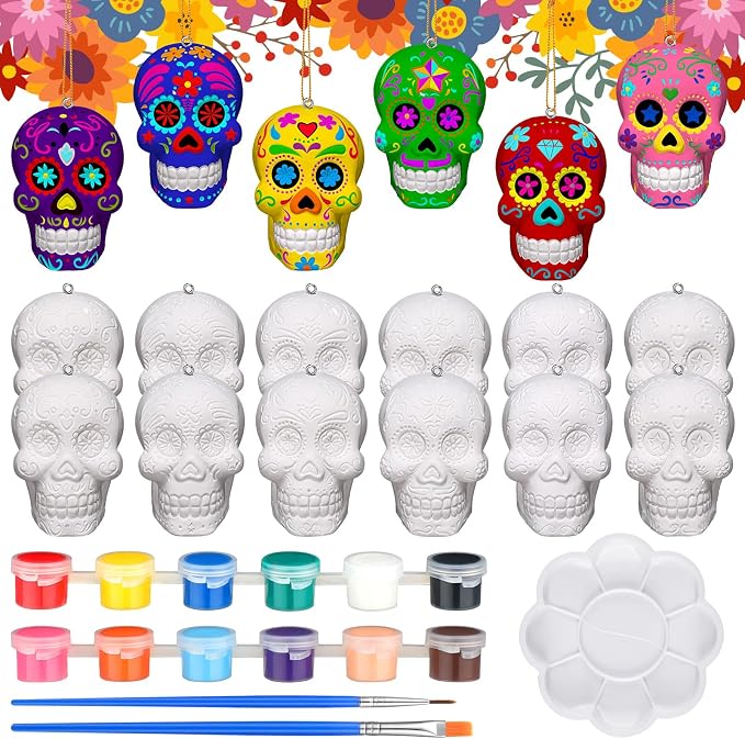 RoundFunny 12 Pcs Sugar Skull Ceramic to Paint, 3D Hanging Ornaments - sugar skull ornament