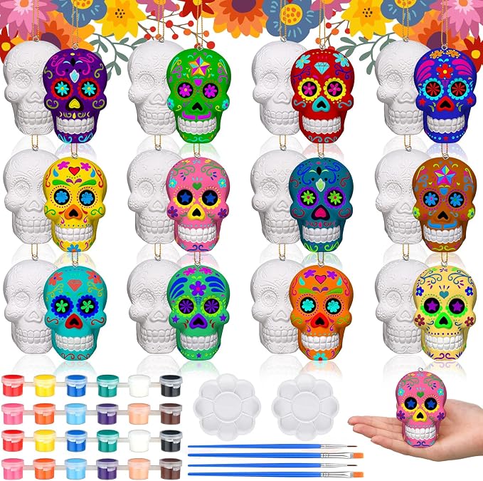 RoundFunny 24 Pcs Sugar Skull Ceramic to Paint, 3D Hanging Ornaments - skull figurine