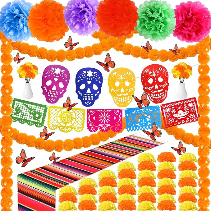 71 Pcs Day of The Dead Decorations Set, 2 Artificial Marigold Garland, 20 Marigold Flower Head,9 Mexican Papel Picado Banner,1 Table Cover, 6 Paper poms for Dia De Los Muertos Indian Diwali Decor