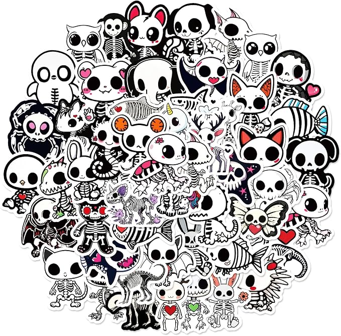 50Pcs Funny Animal Skull Stickers, Waterproof Vinyl Graffiti Stickers Pack for Laptop, Skateboard, Kindle, Journal, Scrapbooking, Water Bottle, Cute Anime Decals