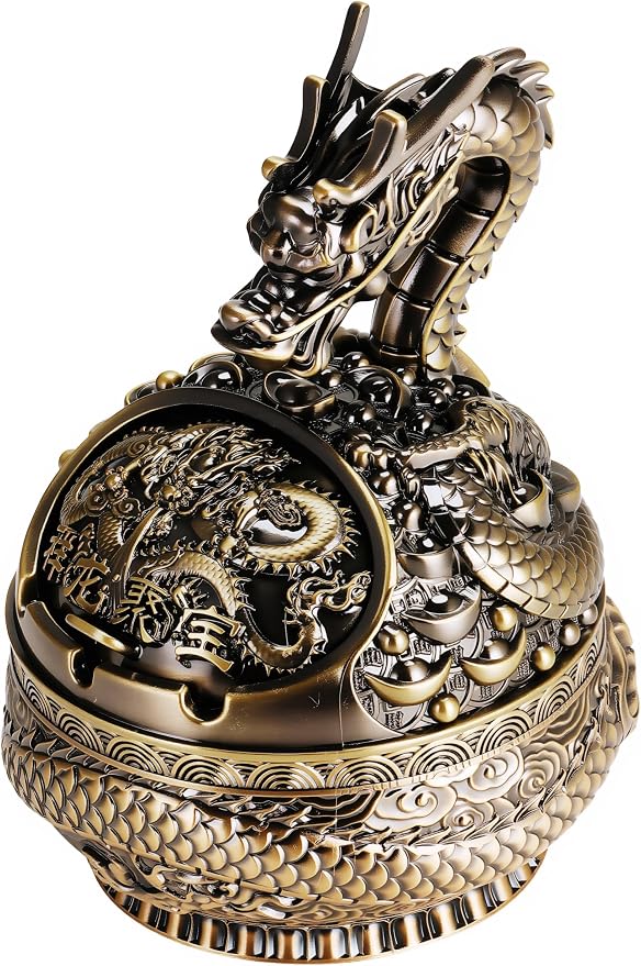 Vintage Metal Ashtray With Lid Windproof Dragon Ashtray for Cigarettes - skull ashtray