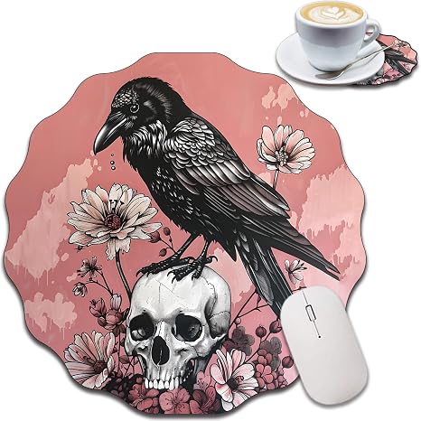 Personalized Lace-Shaped Mouse Pad and Coaster Set, Waterproof and Anti-Slip Mouse Pad Design, Suitable for Home and Office Desktop Decoration, Crow Skull - skull coaster