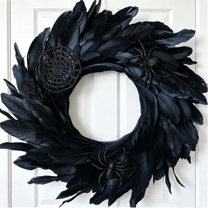 Halloween Black Feather Wreath for Front Door
