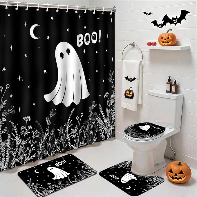Mocsicka 4Pcs Halloween Shower Curtain Set Black Spooky Ghost Shower Curtain Set with Anti-Slip Washable Ghost Bathtub Bathroom Rugs Toilet Lid Cover for Halloween Bathroom Decor