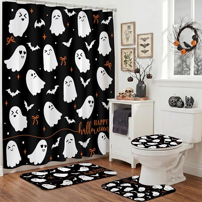 Mocsicka 4Pcs Halloween Shower Curtain Set Black Spooky Bow Ghost Shower Curtain Set for Halloween Bathroom Decor with Anti-Slip Waterproof Bathtub Bathroom Rugs Toilet Lid Cover - skull toilet mat