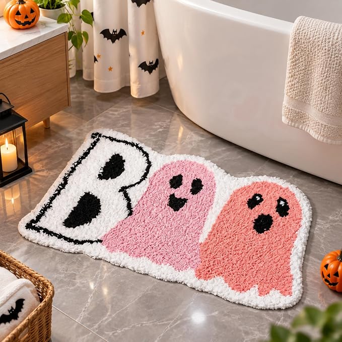 Tinideya Pink Halloween Decor Cute Ghost Bath Rug Decorative Boo mat