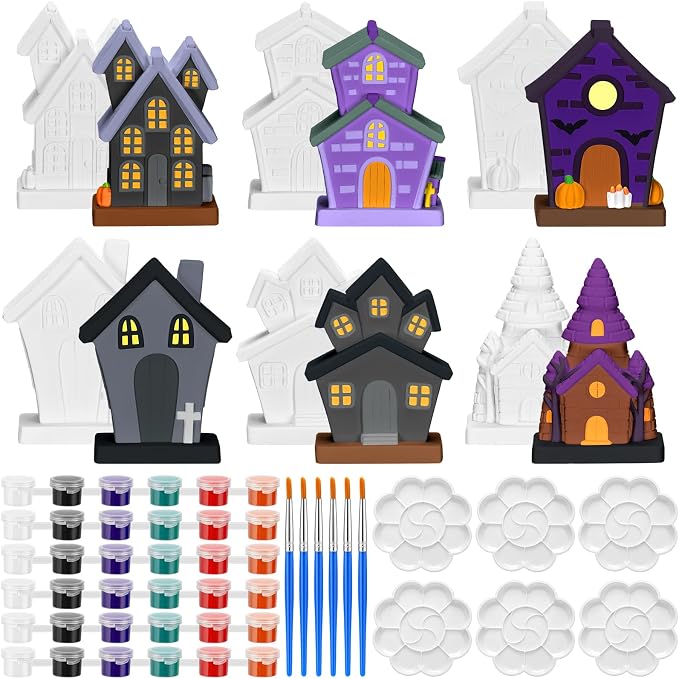 JellyArch 6 Sets Halloween Haunted House Ceramics to Paint Kits 3.9 Inch - skull painting