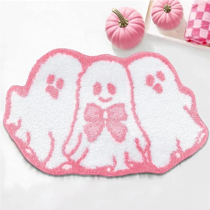Halloween Bath Rugs 18 X 31 Inch Pink Ghost Bathroom Rug Non-Slip Washable Ultra Soft Halloween Rug Super Absorbent Front Door Mat Carpet for Ghost Bathroom Bedroom Decor - skull carpet