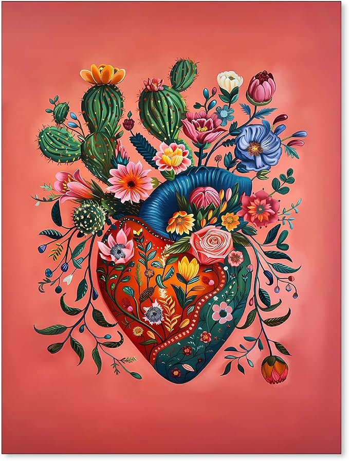 Mexico Blooming Heart Canvas Poster Colorful Vintage Botanical Wall Art Funky Trippy Pink Prints for Bed Living Room Apartment Wall Decor 12X16 inch Unframed - skull wall art