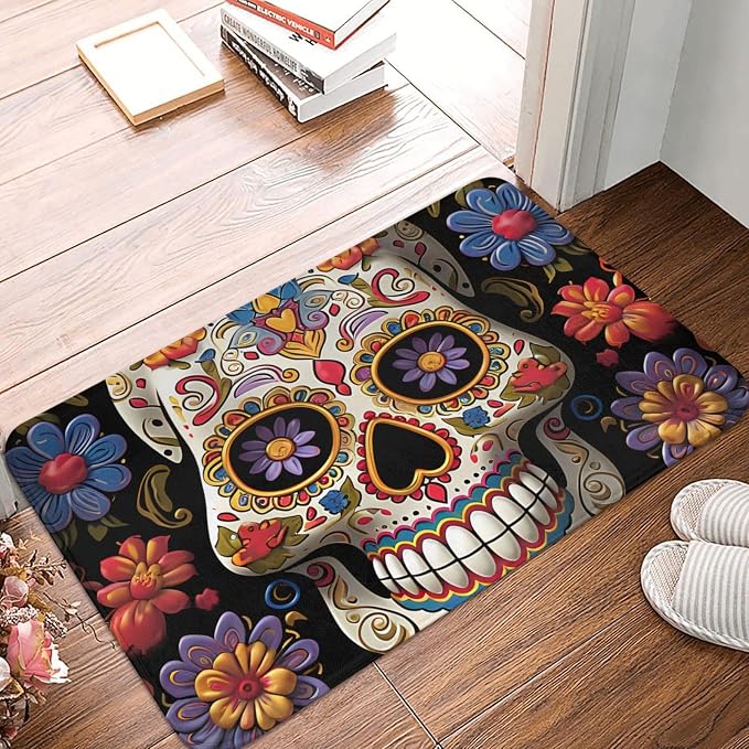 Door Mat Absorbent Non-Slip Welcome Mats All-Weather Heavy Duty Floor Mat Sugar Skulls Front Doormat Low Profile Porch Entrance Mats Kitchen Rugs for Entryway Bath 23.6" x 15.7" - skull floor mat