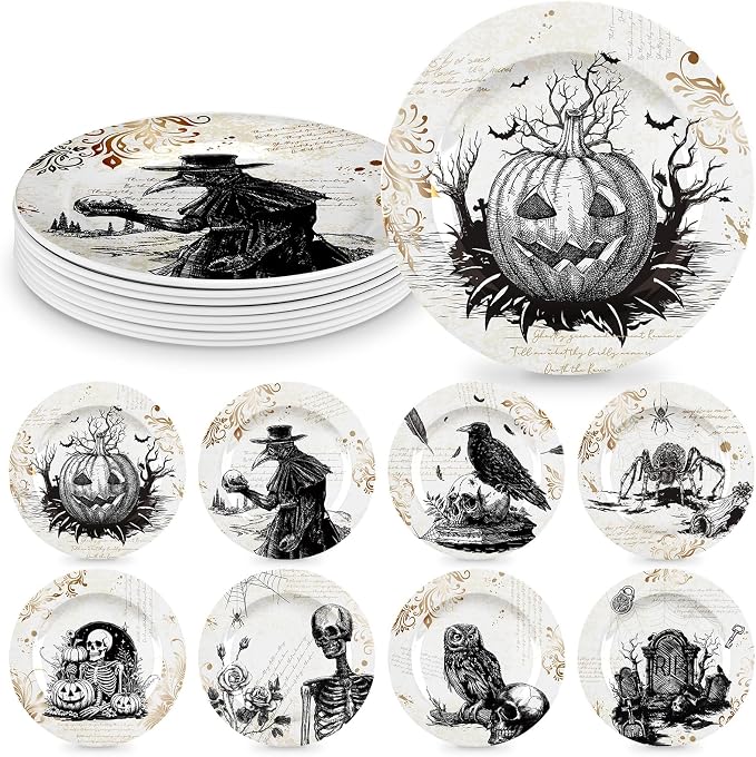 8 Pcs Halloween Dinnerware Set Halloween Plates Serving Dishes, Retro - skull plate