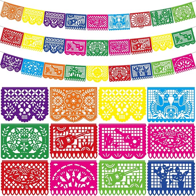 3 PCS Cinco De Mayo Decorations, Plastic Mexican Party Banner 55.2 FT Papel Picado Dia De Los Muertos, Colorful Fiesta Banner for Day of the Dead Decorations Ofrenda Decorations for Fiesta Decor - skull carpet