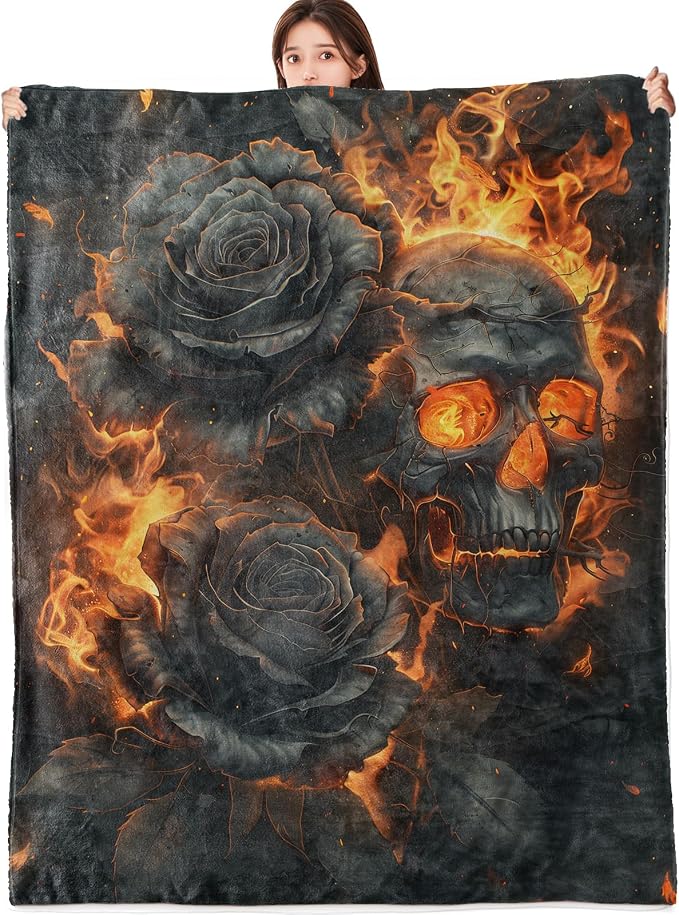 Gothic Skull and Black Rose Blanket Lightweight Flannel Blankets Gifts for Adults with Dark Fiery Art Printed Throw for Couch Chair Office Bedroom Autumn Halloween Decor, 60x50inch - skull blanket