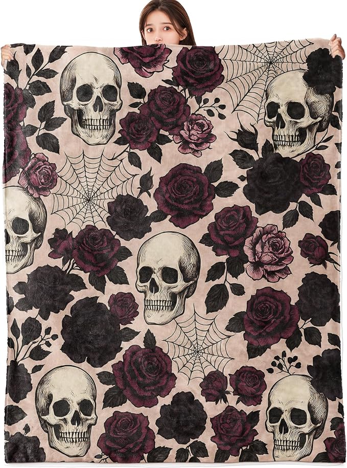 Skull Blanket Lightweight Flannel Blankets Gifts for Adults Gothic Floral with Dark Romantic Rose and Spide Printed Throw for Couch Chair Office Bedroom Halloween Decor, 60x50inch - skull bedding