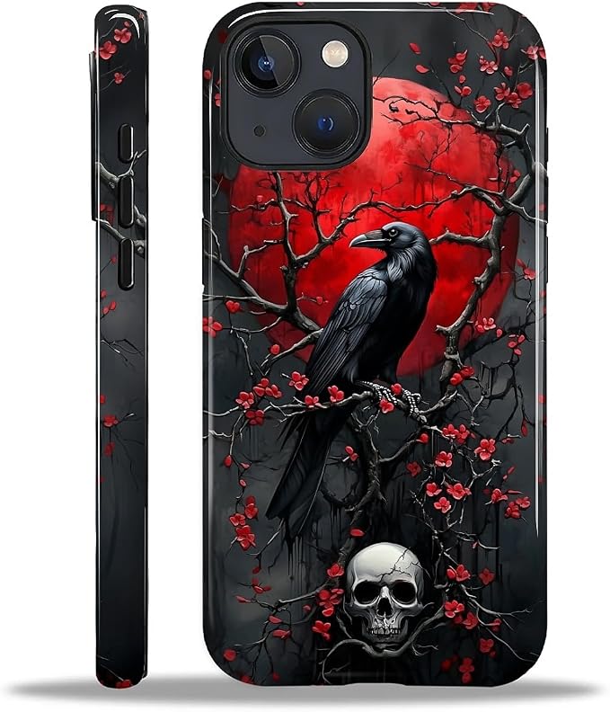 Case for iPhone 14 13, Hybrid Heavy Duty 2 in 1 Full Body Rugged Shockproof Protection Glossy Case for iPhone 14 13 - Red and Black Raven Skeleton - Skull phone case