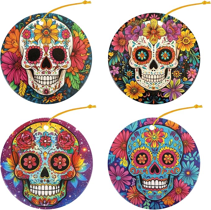 Floral Skull Christmas Ornaments Set of 4,Ceramic Skulls Ornaments for Christmas Tree,Keepsake Ornament Holiday Decoration, Round, Gift Exchange for Home - skull wreath