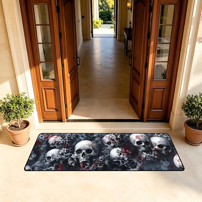 Decorative Laundry Room Floor Mat Skull Non-Slip Washable Farmhouse Kitchen Rug 72"x24" Halloween Rugs - skull floor mat