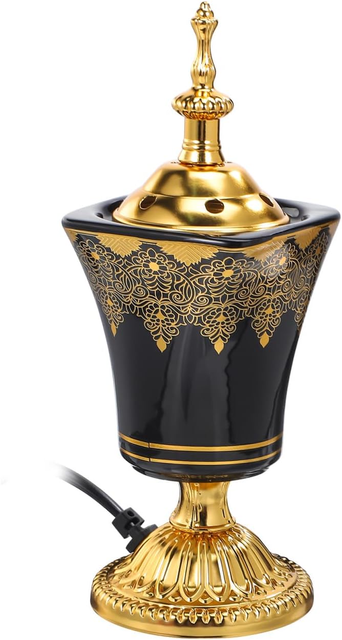 VOSAREA Electric Incense Burner, Arabian Style Electric Bakhoor Burner, 7.66 in Ceramic Censer for Home, Office, Yoga, Tea Room Tabletop Decor (Black, US Plug) - skull incense burner