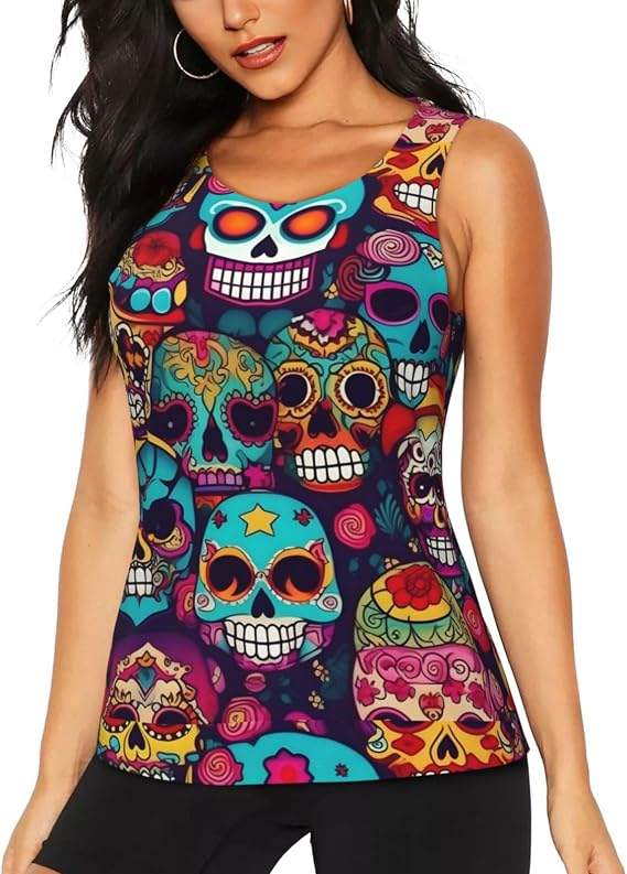 Sugar Skulls Print Daily-Errands Functionality Sleeveless Gym Tank Top Running Hiking Fitness Training - skull tank tops