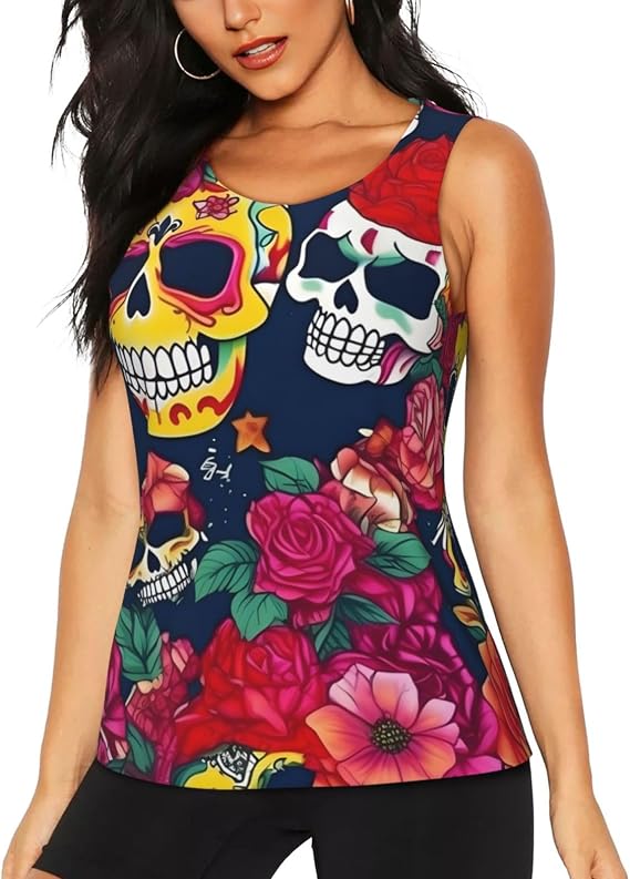 Sugar and Skulls and Flowers Print Daily-Errands Functionality Sleeveless Gym Tank Top Running Hiking Fitness Training - skull tank tops