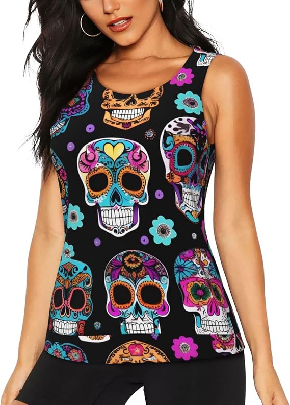 Sugar Skull Print Daily-Errands Functionality Sleeveless Gym Tank Top Running Hiking Fitness Training - skull tank tops