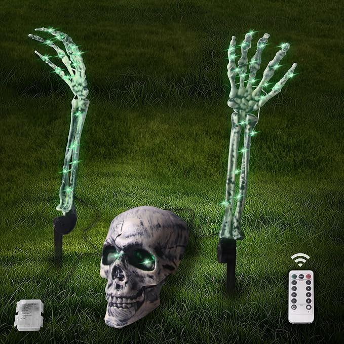3 Pcs Halloween Skeleton Light Up Skull Head & Hands Ground Stakes