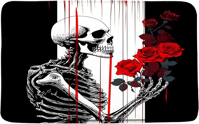 Halloween Shower Curtain Spooky Skeleton Red Rose,17.7x29.5 Inch - skull toilet rug