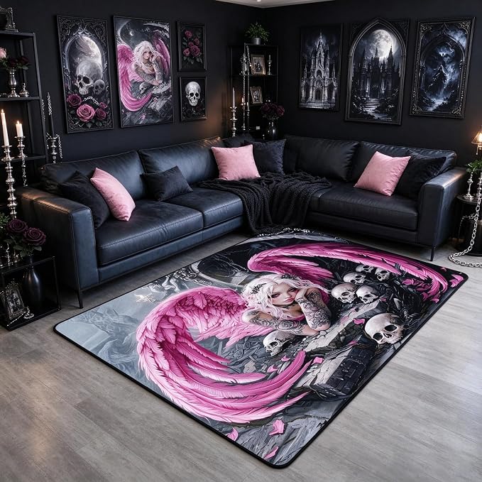 Gothic Skull Area Rug,Dark Style Angel Indoor Floor Mat Entrance Rug,Kids Teens Boys Girls Pink Feather Wing Carpet Trippy Skeleton Chairs Couch Living Room Decor,3'x5' - skull floor mat