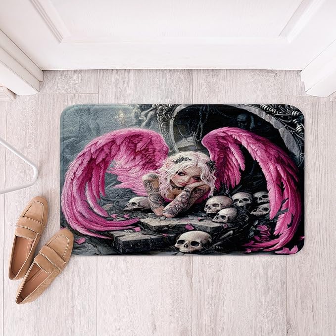 Homewish Gothic Skull Bath Mats,Dark Style Angel Shaggy Absorbent Floor Mat,Kids Teens Boys Girls Pink Feather Wing Non Slip Bath Rug Trippy Skeleton Bath Indoor Doormat Decor,16"x24" - skull floor mat