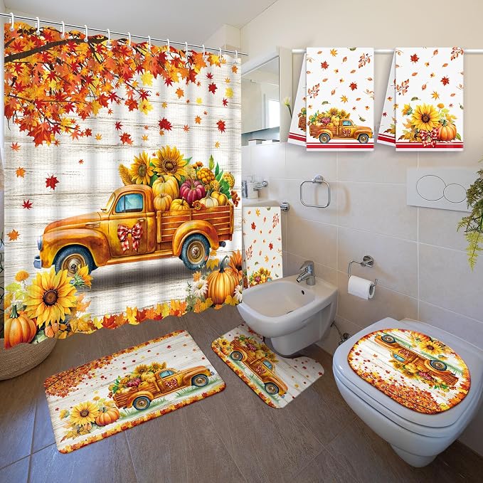 Nuanchu 6 Pcs Fall Shower Curtain Set with Rug Bathroom Sets - skull carpet